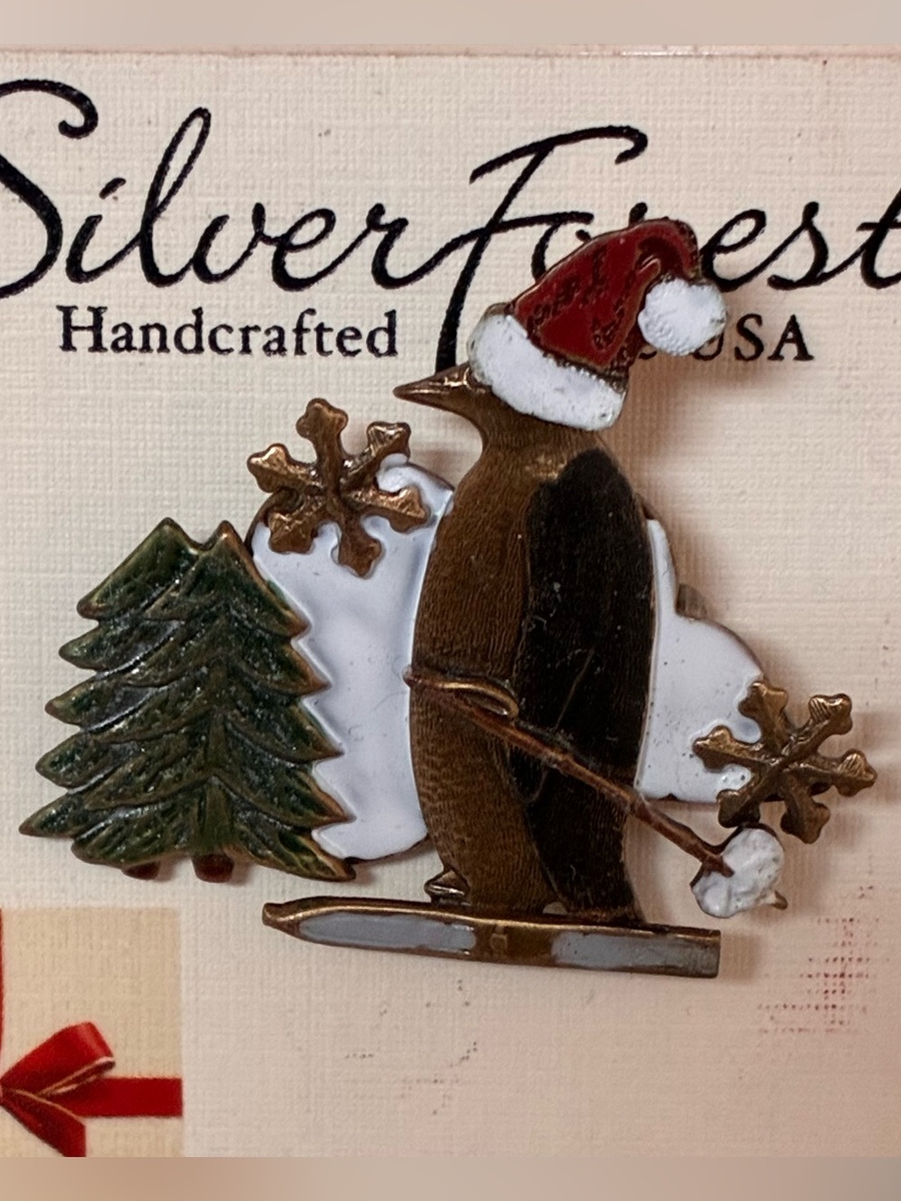 Silver Forest Brooch Pin Christmas Tree Penguin Santa Handcrafted Vermont NWT